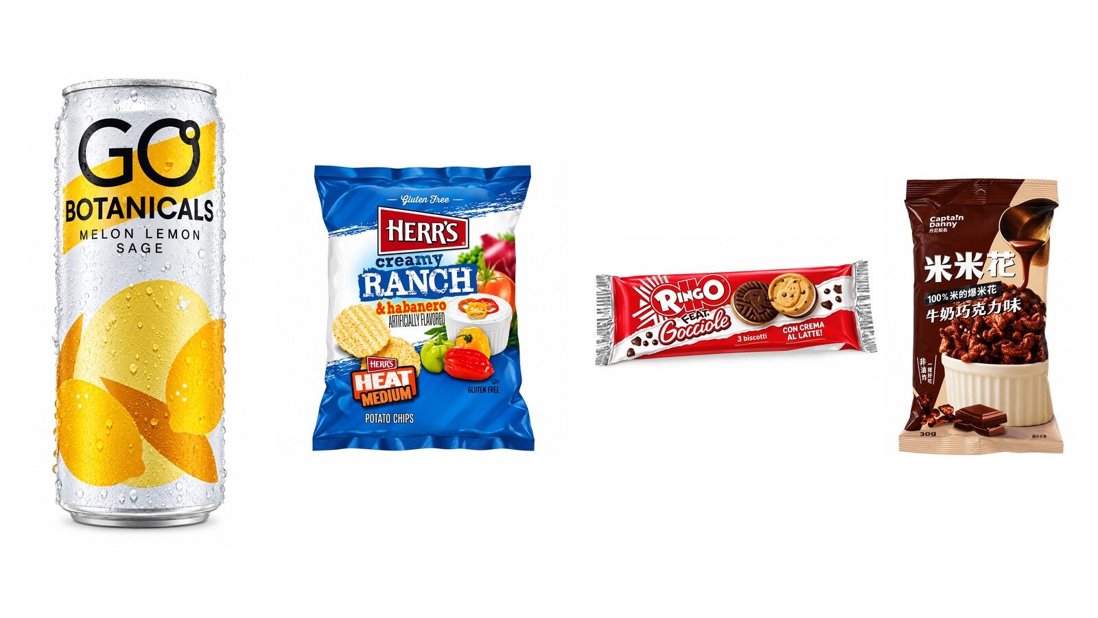 Four snacks from the Snack'd October 2026 box: a GO Botanicals Melon Lemon Sage can, Herr's ranch and habanero crisps, Ringo Gocciole biscuits and Captain Danny chocolate rice popcorn