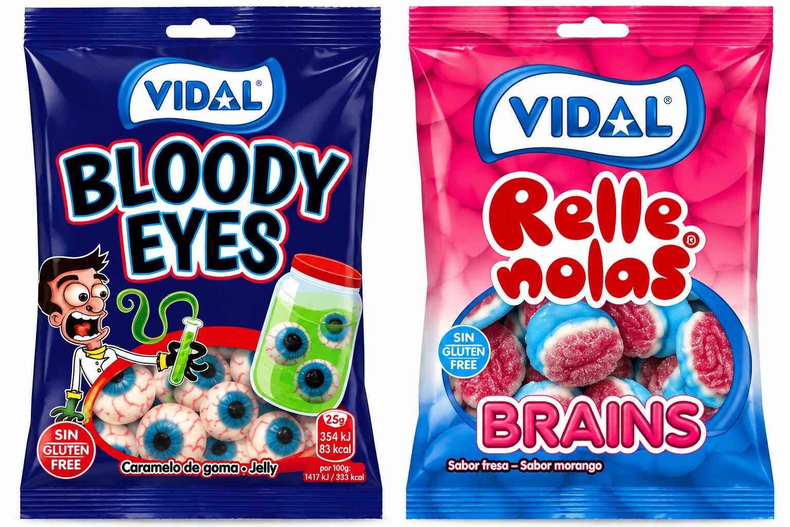 Two bags of Vidal Halloween gummies, Bloody Eyes and Rellenolas Brains, in blue and pink packaging