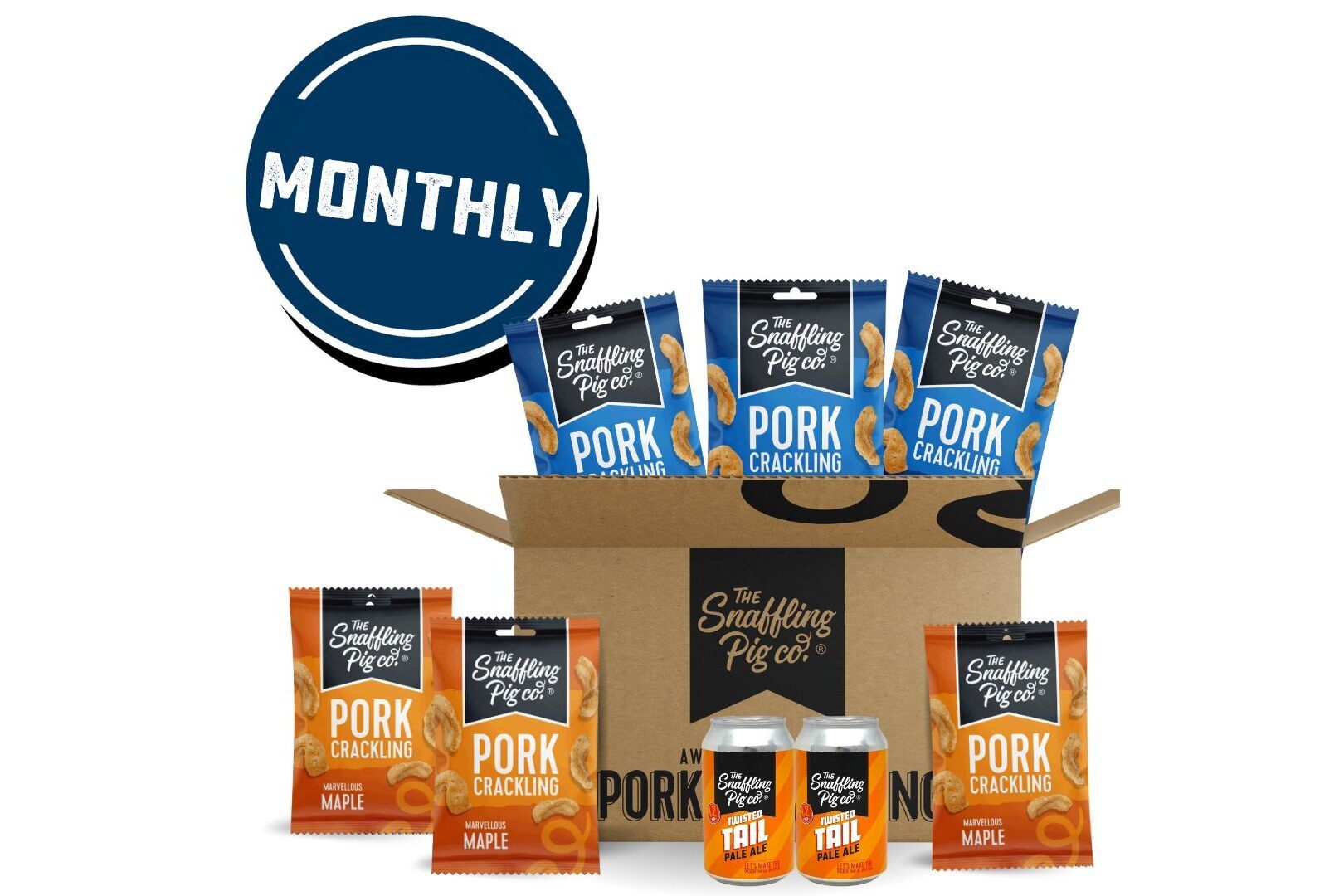 Snaffling Pig monthly pork crackling and beer subscription box with crackling packs and two cans of pale ale