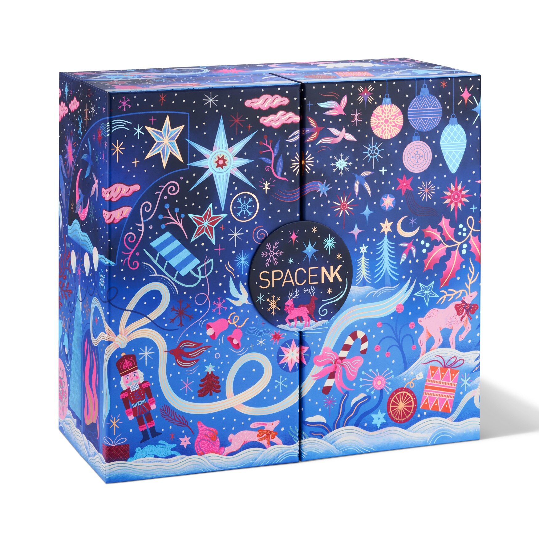 The closed Space NK advent calendar 2026, a blue box illustrated with stars, ribbons and Christmas motifs