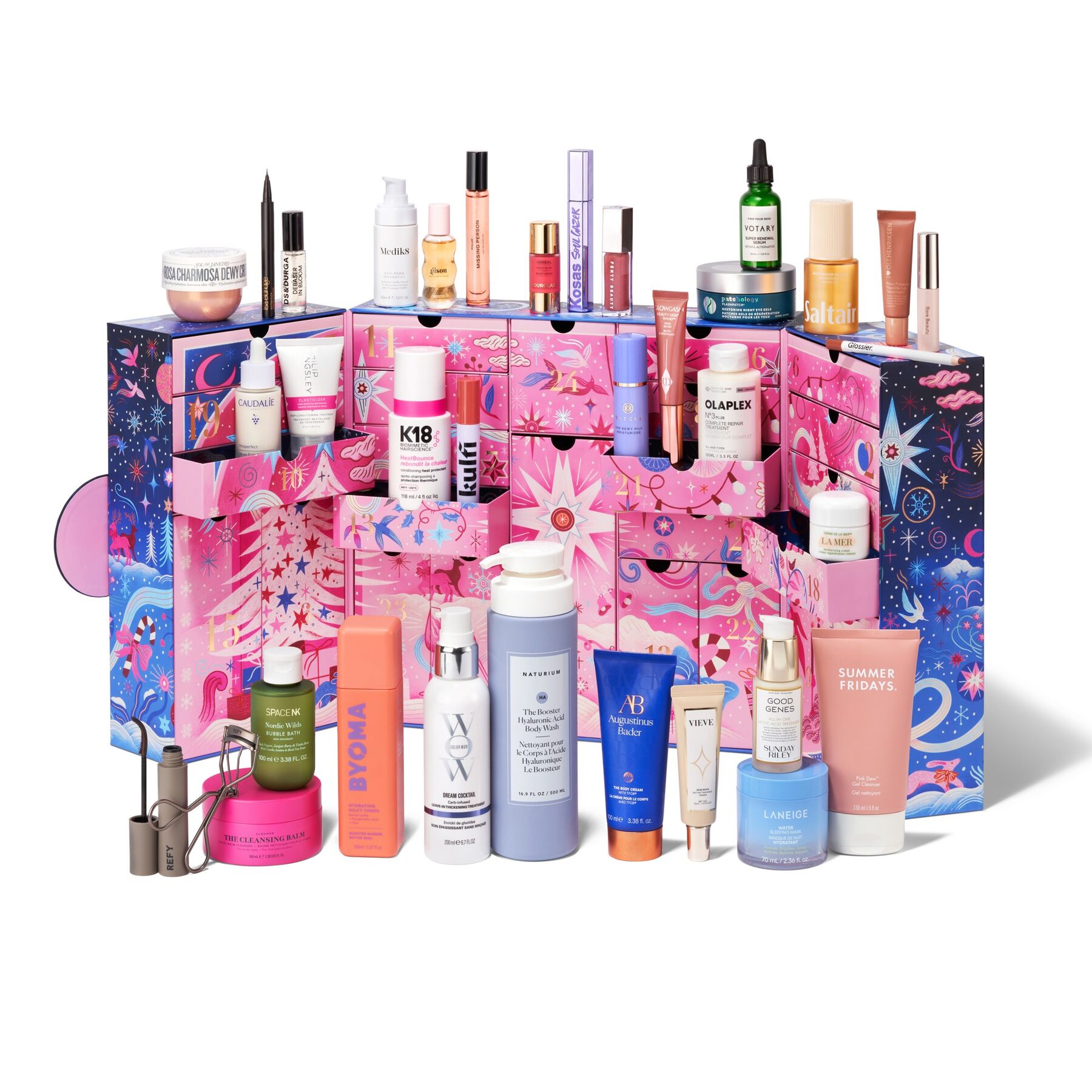 The open Space NK advent calendar 2026 with pink drawers and its beauty products arranged in front