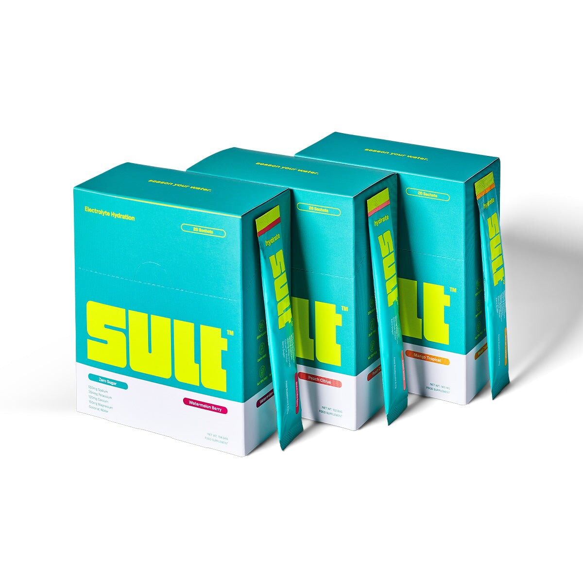 Three boxes of SULT electrolyte sachets in turquoise packaging