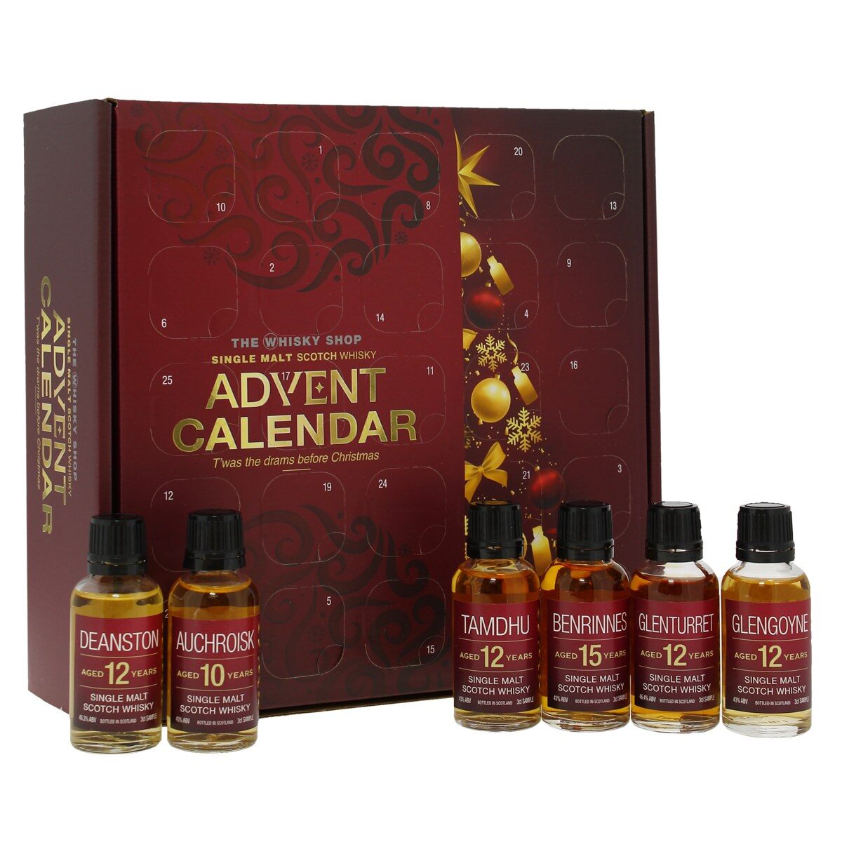 The Whisky Shop advent calendar, a red and gold box, with miniature single malt bottles lined up in front
