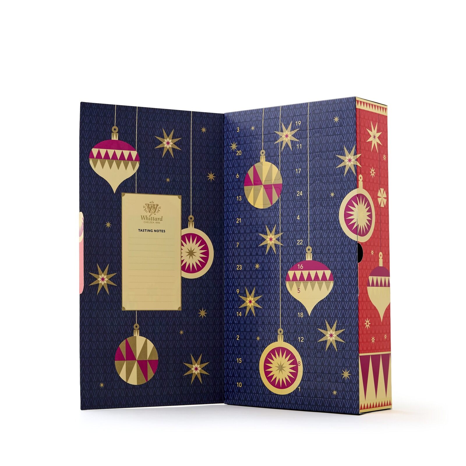 The Whittard tea advent calendar 2026 open, with a navy and gold inside decorated with baubles