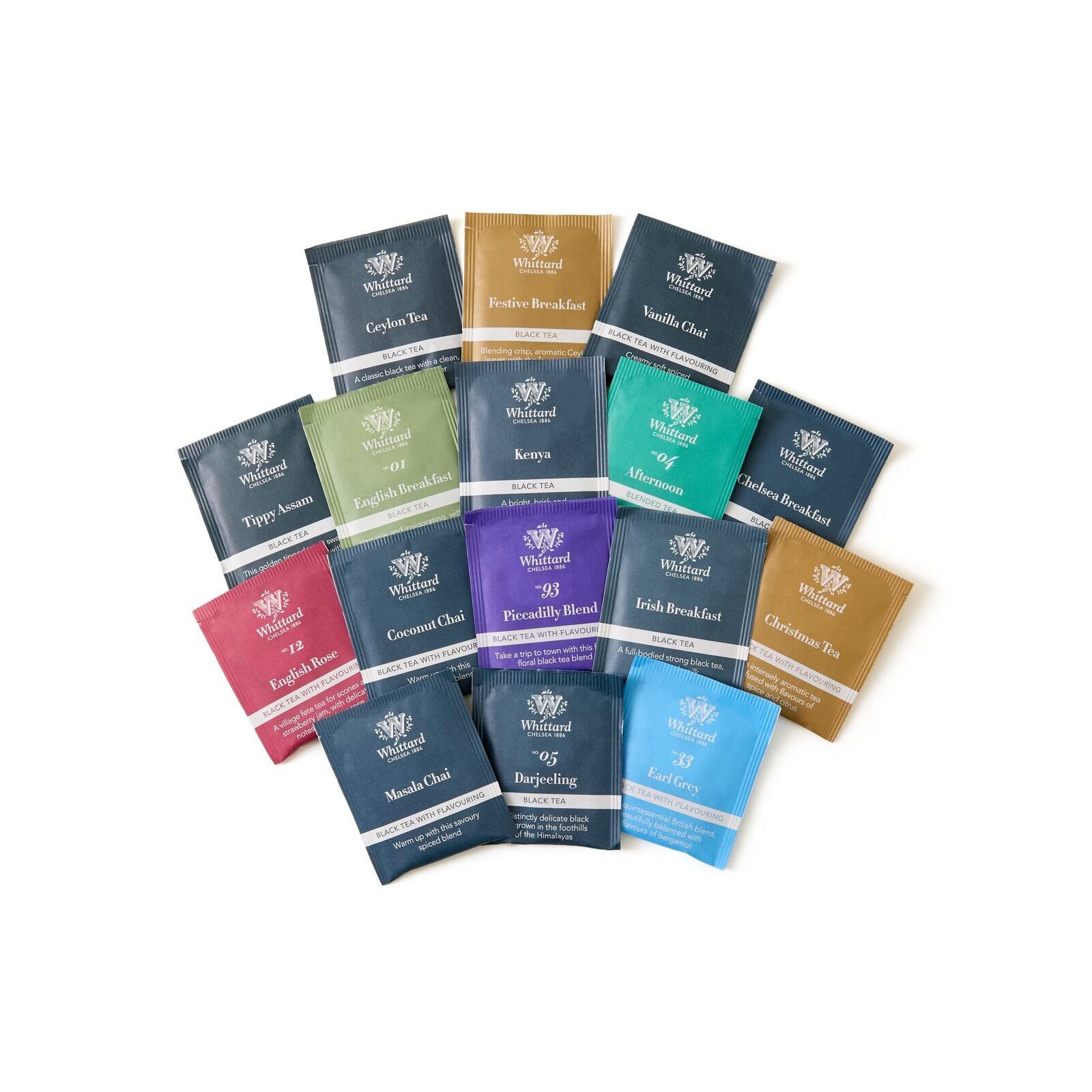 Individually wrapped Whittard teabags in a fan of colours, from navy to teal and purple