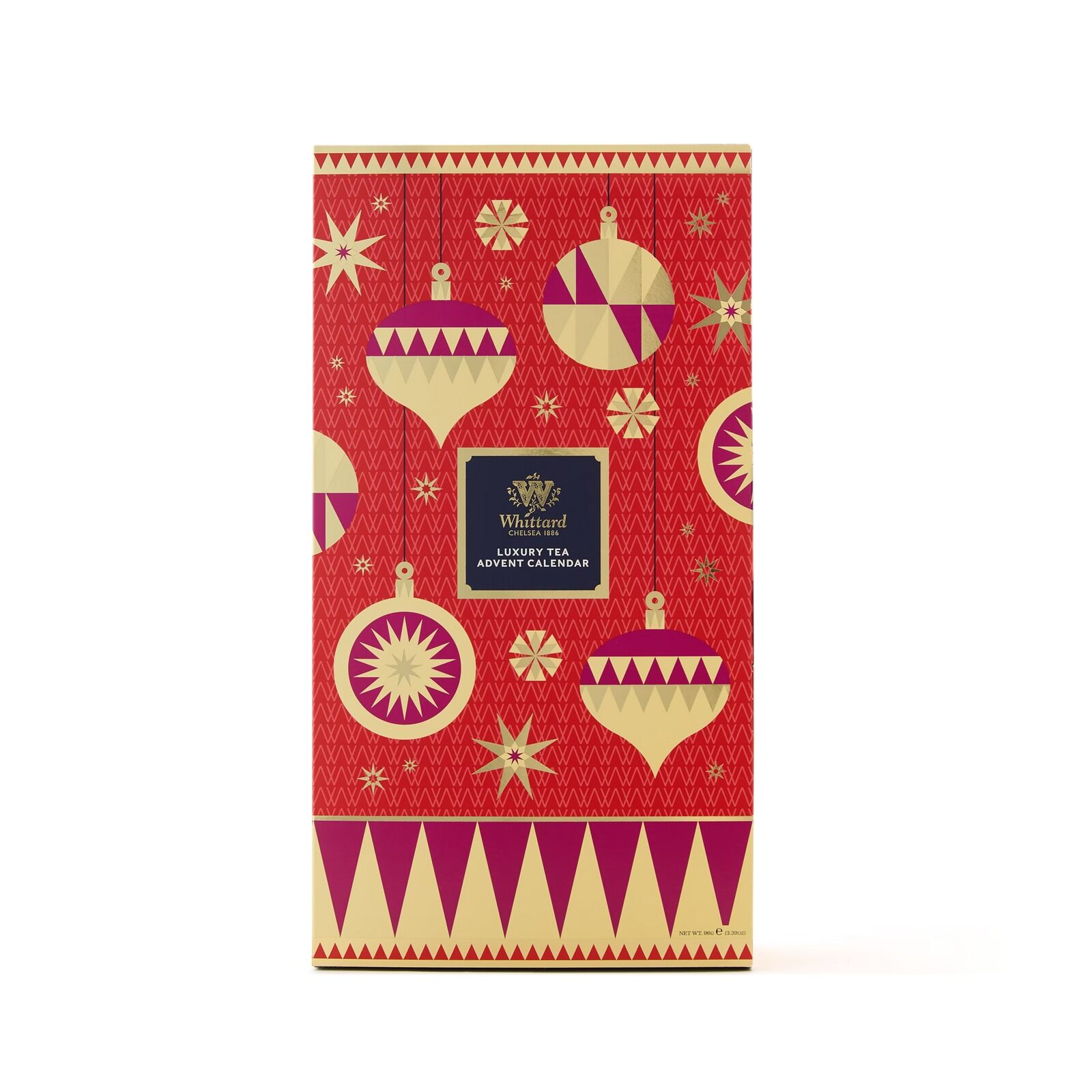 The Whittard tea advent calendar 2026, a red box decorated with gold and pink baubles