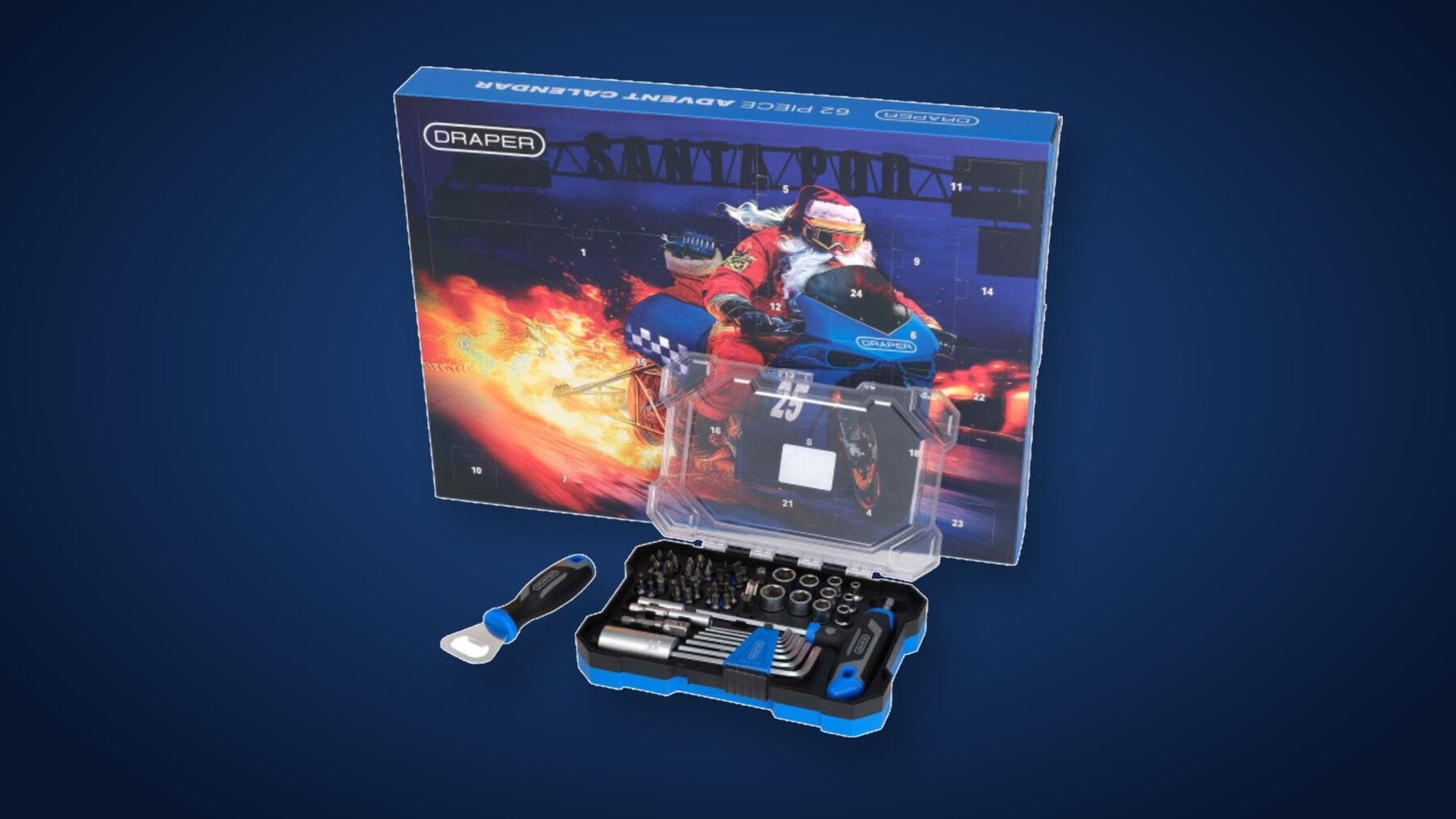 The Draper 62 Piece Advent Calendar box with its open tool case and bottle opener in front