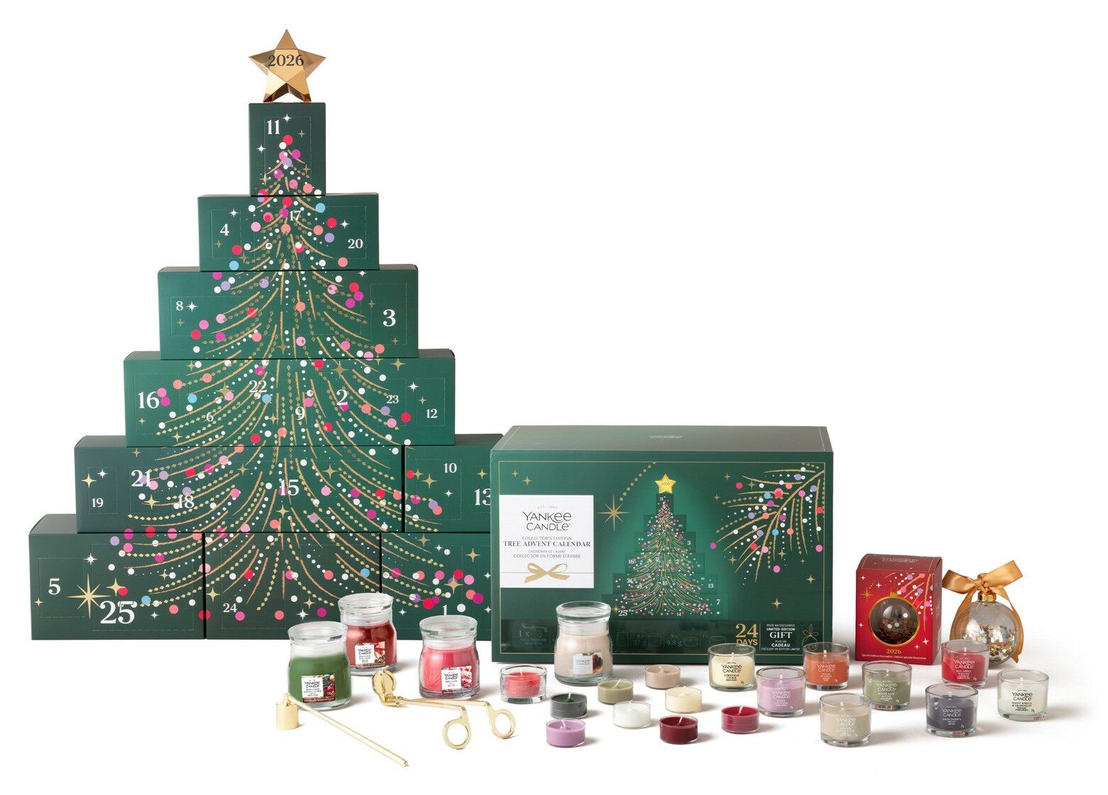 The Yankee Candle Collector's Edition Tree advent calendar 2026, green tree-shaped boxes topped with a gold star, with candles and accessories in front