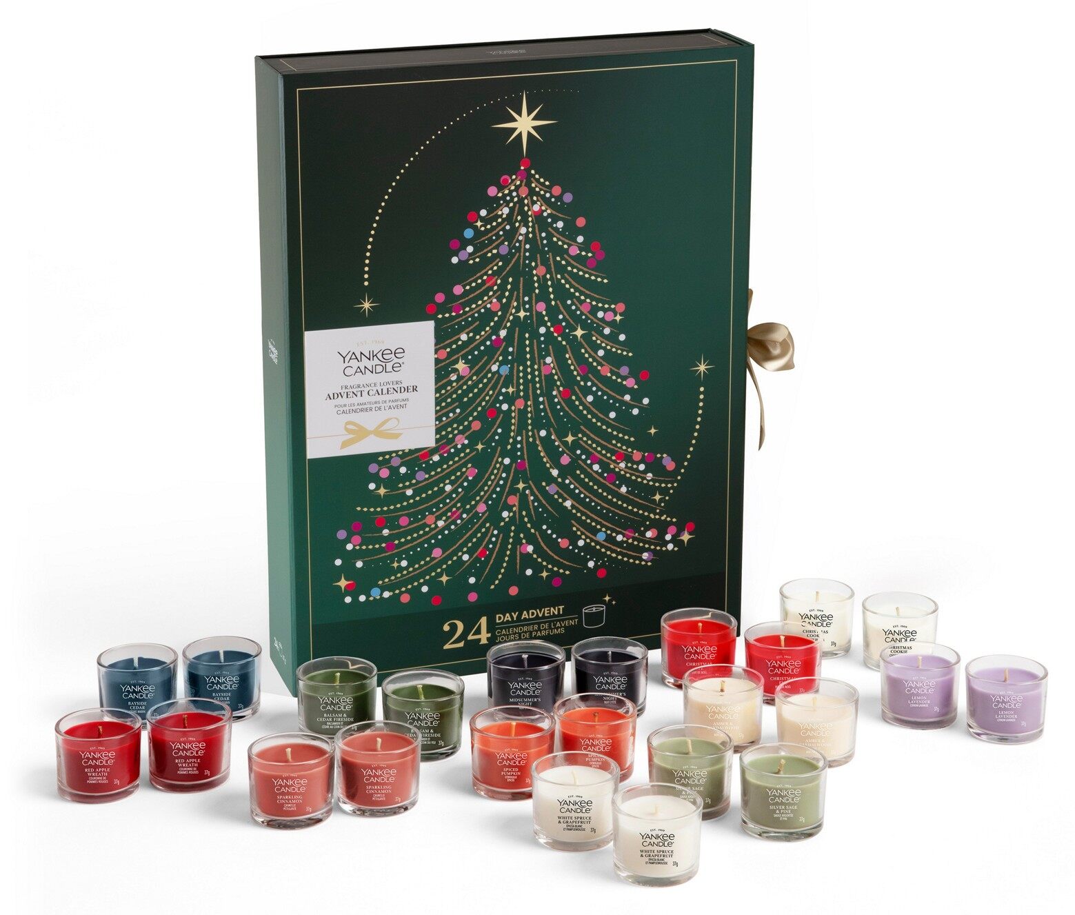The Yankee Candle Fragrance Lovers advent calendar, a tall green book-style box with a sparkly tree, with 24 mini votive candles in front
