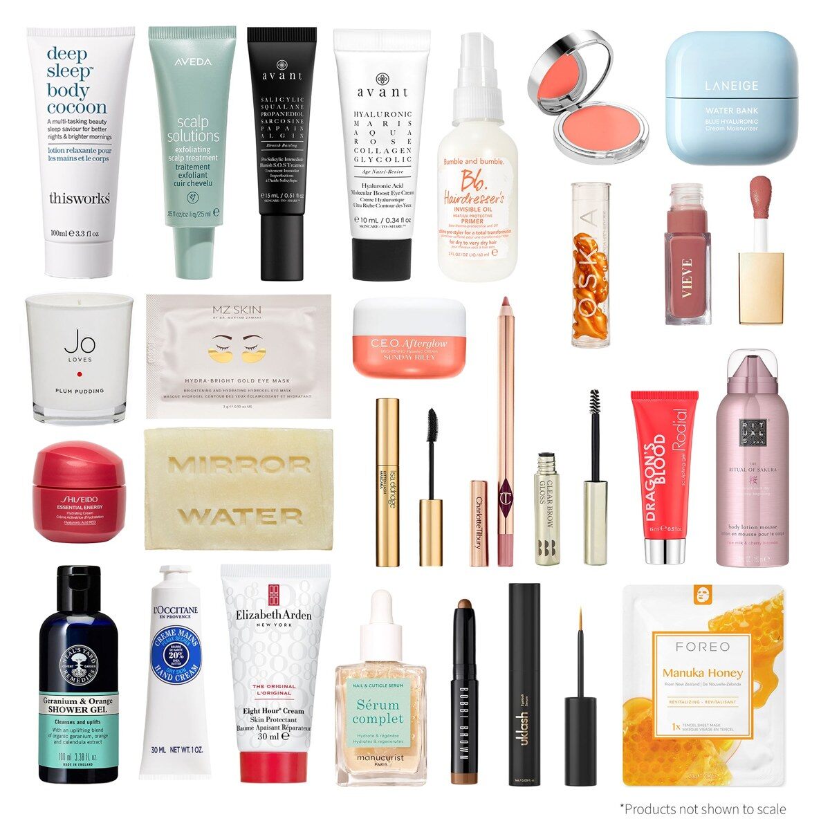 The YOU Beauty advent calendar 2026 products on a white background, including a mascara, a blush, skincare jars and a candle