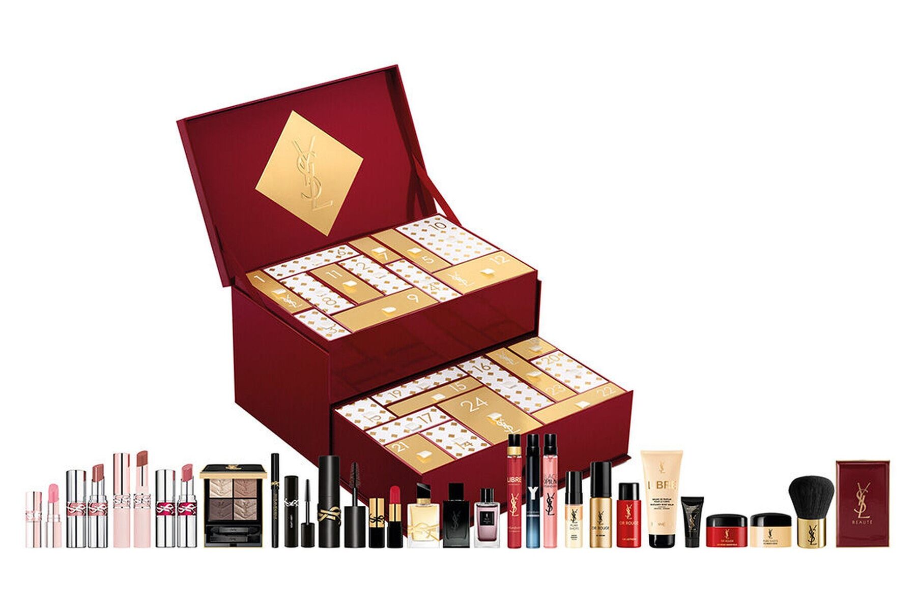 The 24 products of the YSL Beauty advent calendar 2026 laid out, including lipsticks, fragrance minis and skincare